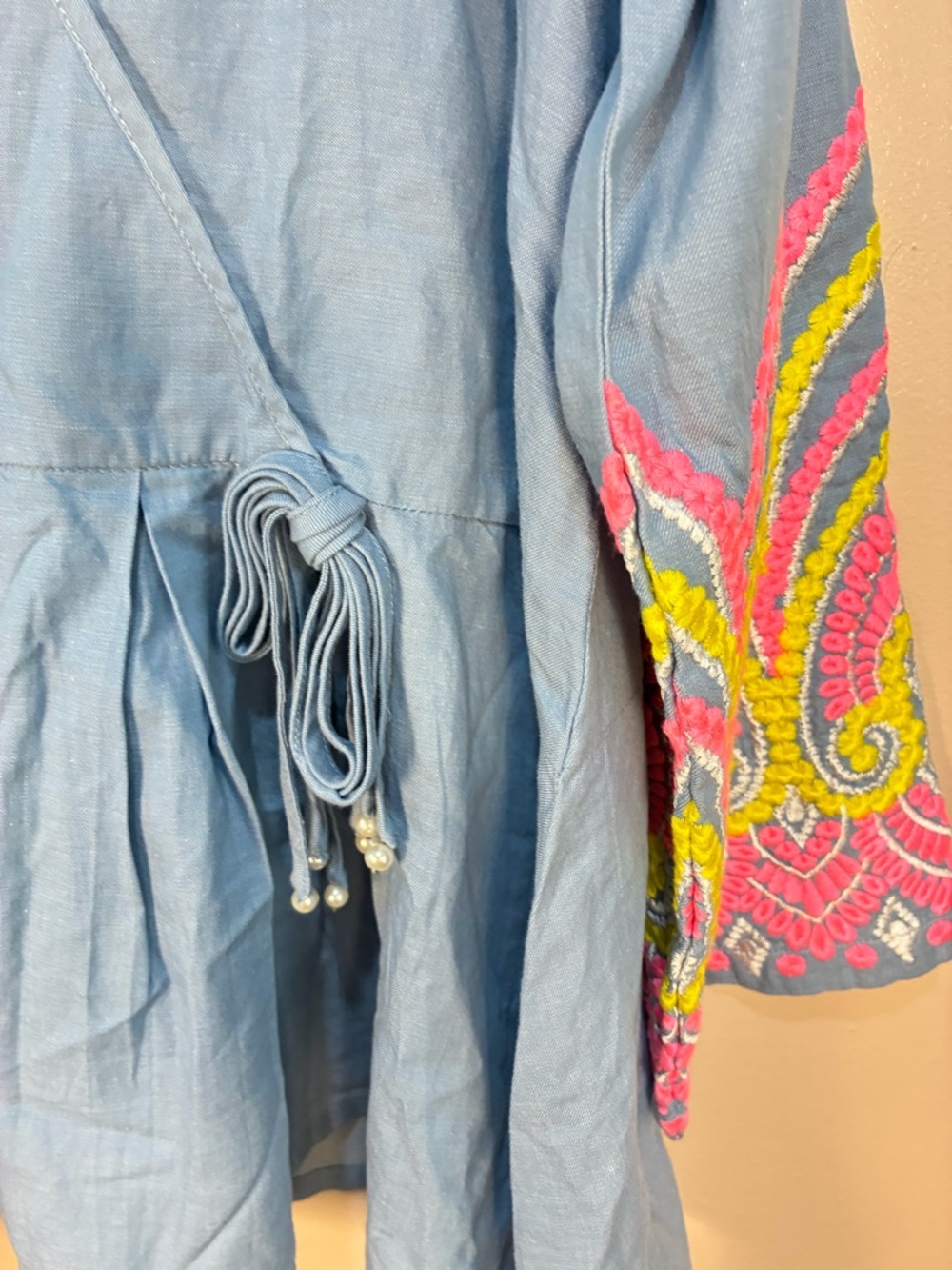 Khaadi Embroidered Sleeve Pearl Detail Peplum Hem Chambray Blouse - Picture 9 of 9